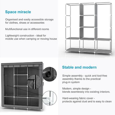 Складана текстильна шафа INTIRILIFE 130x175x45 см, сірий, з блискавкою, полицями, штангою та кишенею — шафа для одягу для дому й кемпінгу