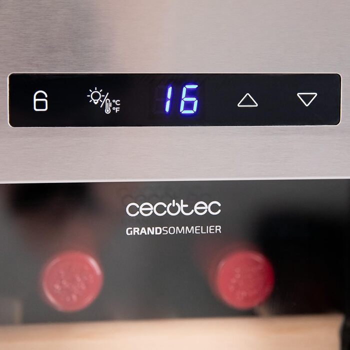 Винний шафа Cecotec Bolero GrandSommelier 830 CoolWood, термоелектрична, тиха, енергоефективна, для 12 пляшок, з індикаторами, сенсорним керуванням, нержавіюча сталь і дерево, регулювання температури 8-18°C