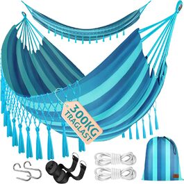 Гамак KESSER 320x150 см, до 300 кг, синій, водостійкий та дихаючий, з бахромою для 1-2 осіб, для саду, кемпінгу та відпочинку, у комплекті сумка, мотузки та ремені