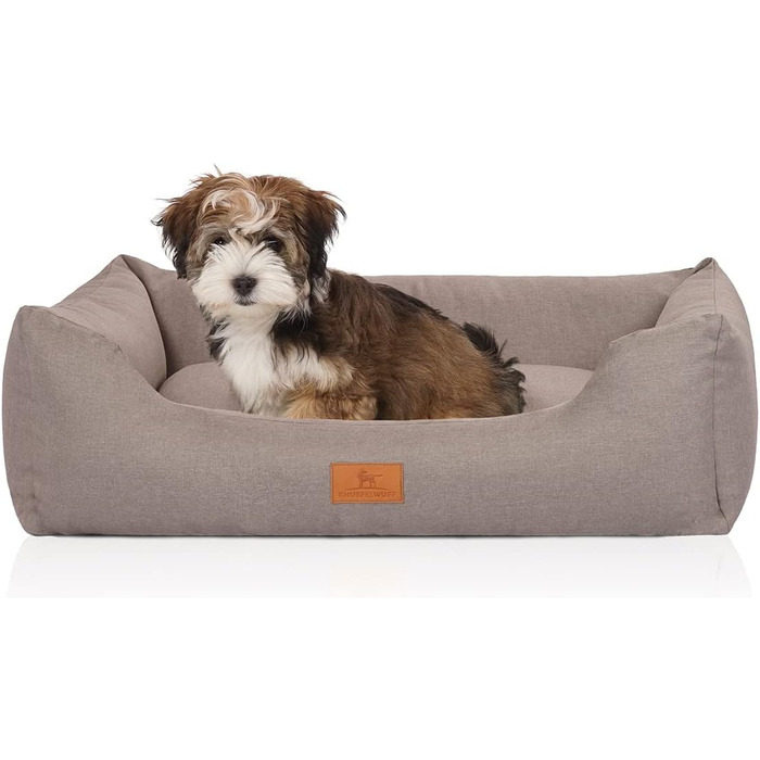 Ліжко для собак Knuffelwuff Lotte із велюру XXL 120x85 см, знімний чохол, світло-сіре, для великих, середніх та малих порід, ручне плетіння, пране