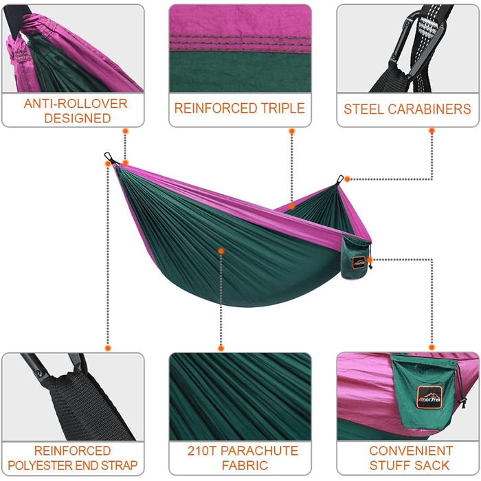 Кемпінгова нейлонова гамак AnorTrek 300x200 см, суперлегкий, портативний, з двома ременями для дерев, для одного або двох, синій та темно-синій