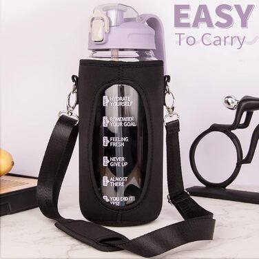 DEARRAY Скляна пляшка для води 1,5 л з соломинкою та часовою міткою, мотиваційна, без BPA, герметична, із силіконовим чохлом, прозора (світло-фіолетова)