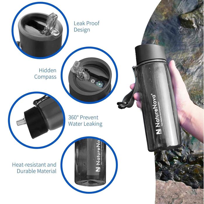 Фільтрована пляшка для води Naturenova 650 мл, 4-ступінчастий інтегрований фільтр, BPA-free, для кемпінгу, туризму, подорожей, чорна