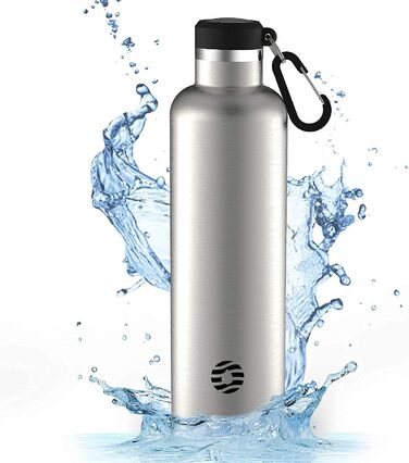 Термобутилка FEIJIAN FJbottle 316 з нержавіючої сталі, вакуумна, 1000 мл, срібляста, з карабіном, BPA-free, герметична спортивна пляшка для води, роботи та подорожей