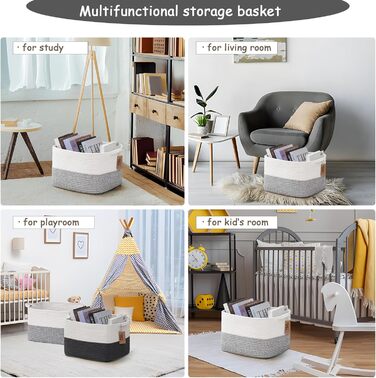 COMFY-HOMI кошик з бавовняного каната з ручками для іграшок, книг та полиць, органайзер для зберігання 34,3×27,9×24,1 см, біло-сірий