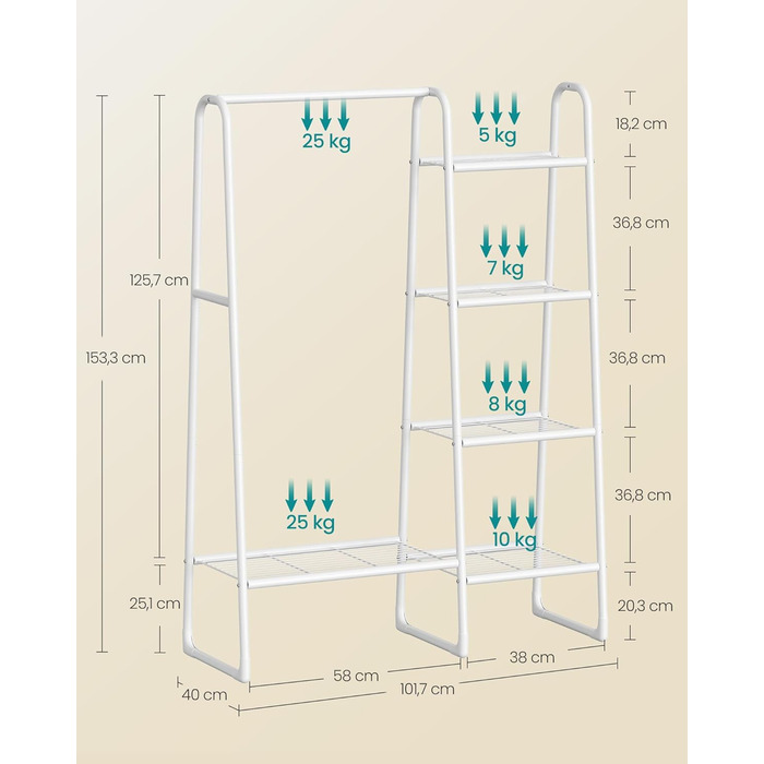 Вішак для одягу SONGMICS з 5 полицями, металевий каркас, 40x101,7x153,3 см, для спальні, вітальні, передпокою, білий