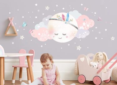 Декоративні настінні наклейки Little Deco для дитячої кімнати дівчинки — Місяць, хмари й зірки, XL 99x51 см, самоклеючі вінілові стікери для стін, DL268