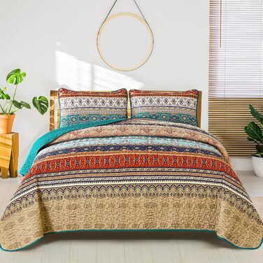 Покривало WONGS BEDDING Boho 220x240 см, стьобане, мікрофібра, комплект 3 в 1 (2 наволочки 50x70), для двоспального ліжка та дивана, бежево-зелене, для спальні