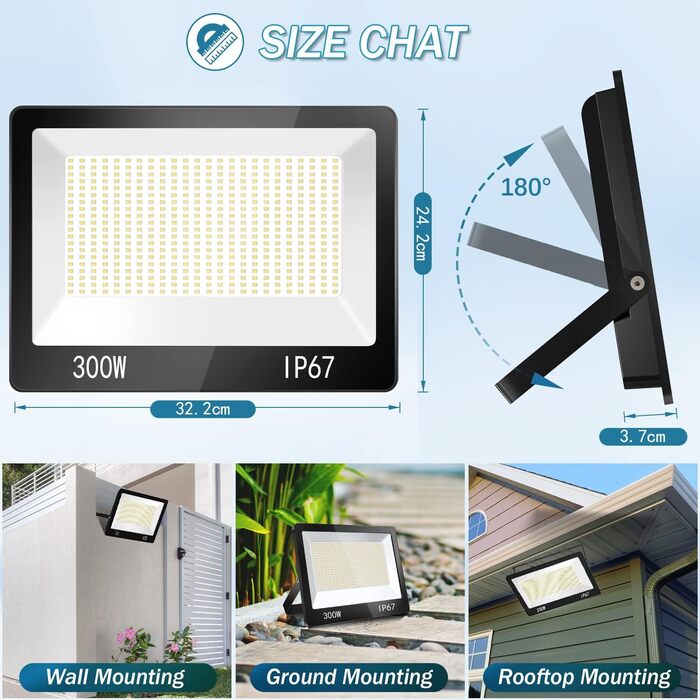 YIQIBRO LED прожектор для вулиці, 300Вт, IP67, 10000Лм, 6500K, холодне біле світло, водонепроникний, для складу, саду, гаража, двору, паркінгу