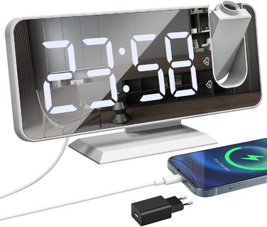 Exmate проекційний цифровий будильник з USB, дзеркальний LED-екран 7,5'', подвійний будильник, регульована яскравість, функція відкладення, білий з адаптером