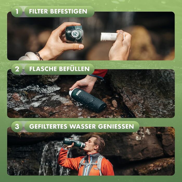Пляшка-фільтр для води Naturbummler 750 мл, складна, з гачком, нейтральна до CO2, знищує 99,99% бактерій – для кемпінгу, виживання