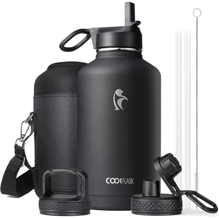 Термос пляшка для води Coolflask 2 л з трубочкою та 3 кришками, ізольована сталева спортивна пляшка з подвійною вакуумною ізоляцією, не протікає, чорна для спорту та офісу