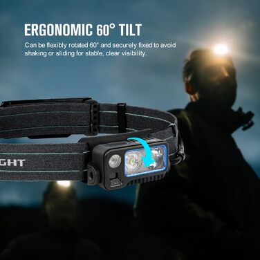Налобний ліхтар OLIGHT Array 2 Pro з LED, жестовим сенсором, 1500 лм, 150 м, USB-C, акумуляторний, 3 режими з червоним світлом, 60° регулювання, міні-ліхтар, SOS-модуль