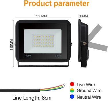 LED прожектор для вулиці та приміщень, 2 шт, 30W, IP66, 8500 Лм, холодне біле світло 6000K, водонепроникний, широкий кут 120°, суперяскравий світильник для фасаду та двору