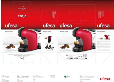 Кавоварка Ufesa Bellagio 3-в-1 для капсул Nespresso, Dolce Gusto або меленої кави, сенсорна панель, 7 режимів, резервуар 1 л, 1400 Вт, 15 бар, червона, компактна