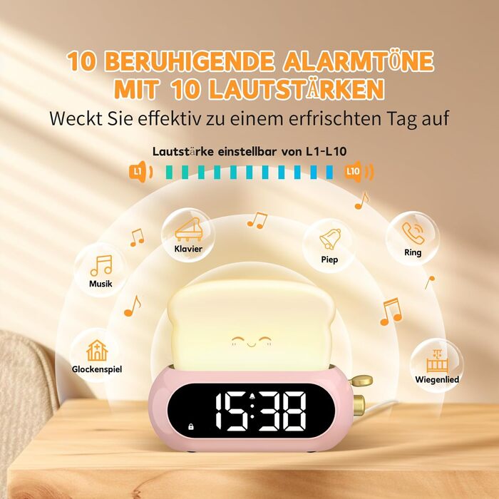 Дитячий цифровий будильник з LED-екраном, нічником, 10 мелодіями, 5 рівнями яскравості, таймером та функцією відкладення, для дівчаток і хлопчиків, для школи, з адаптером