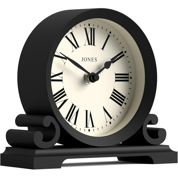 Декоративний настільний годинник JONES CLOCKS Saloon, класичний стиль, чорний, римські цифри, подвійний сувій, для письмового столу, полиці чи тумбочки
