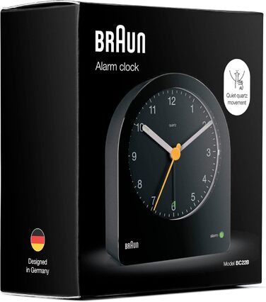 Braun Classic будильник аналоговий з підсвіткою, тихий кварцовий механізм, функція повтору, наростаючий сигнал, чорний, модель BC22B