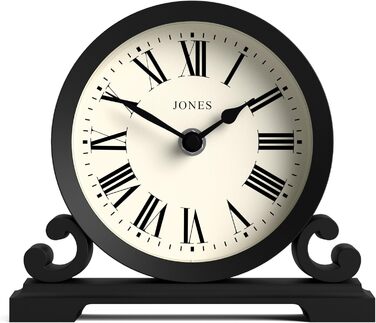 Декоративний настільний годинник JONES CLOCKS Saloon, класичний стиль, чорний, римські цифри, подвійний сувій, для письмового столу, полиці чи тумбочки
