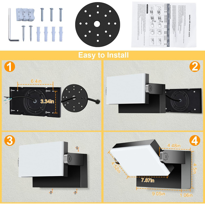 LED зовнішні настінні світильники Ledmo 60W, 5000 Лм, 360° поворот, IP65, тепле світло 3000K, білі, для тераси, входу, саду, 4 шт.