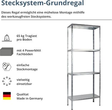 Металевий стелаж SCHULTE Regalwelt PowerMAX, 4 полиці, 65 кг, 180x60x40 см, оцинкований, для складу, майстерні, гаража, підвалу