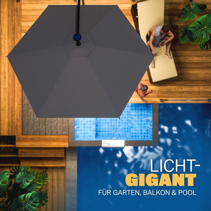 Парасолька для саду Kingsleeve 300 см з LED-підсвіткою, сонячною батареєю, UV 80+, антрацит, для тераси та балкону, з чохлом і стійкою