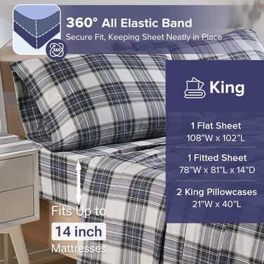 Бавовняна фланелева постільна білизна Comfort Spaces для ліжка King Size, синя шотландська клітинка, 4 предмети, тепла та дихаюча