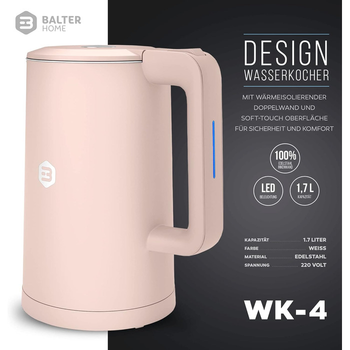 Електрочайник Balter WK-4 з нержавіючої сталі, 1,7 л, подвійна стінка, BPA Free, LED-підсвітка, компактний, тихий, чорний/рожевий