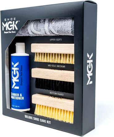 SHOE MGK Набір для догляду за взуттям Deluxe – засіб для чищення білих, шкіряних, замшевих, текстильних та інших типів взуття, 236 мл, з м'якою щіткою