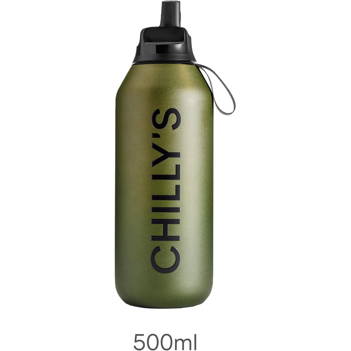 Термобутилка Chilly's Series 2 Flip 500 мл з нержавіючої сталі, з трубочкою, спортивною кришкою, ремінцем та щіткою для чищення (Ombre - Moss)
