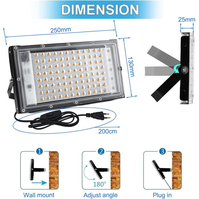 LED прожектор 100Вт з вилкою, 2 шт, 10000 лм, тепле біле світло 3000K, IP65, водонепроникний, для вулиці, саду, гаража, спортмайданчика