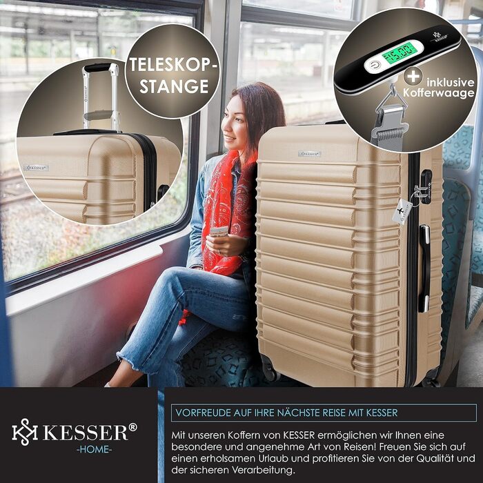 Валіза KESSER® 75 см 120 л, жорсткий ABS, з вагами та биркою, 4 колеса, телескопічна ручка, кодовий замок, шампань
