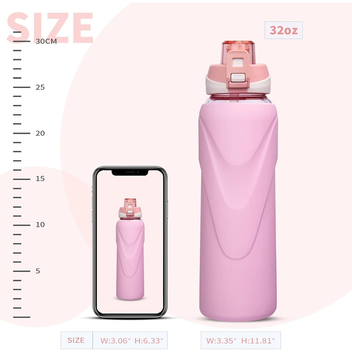 Скляна пляшка для води 1 л з трубочкою, боросилікат, BPA Free, силіконова оболонка, пастельно-рожева