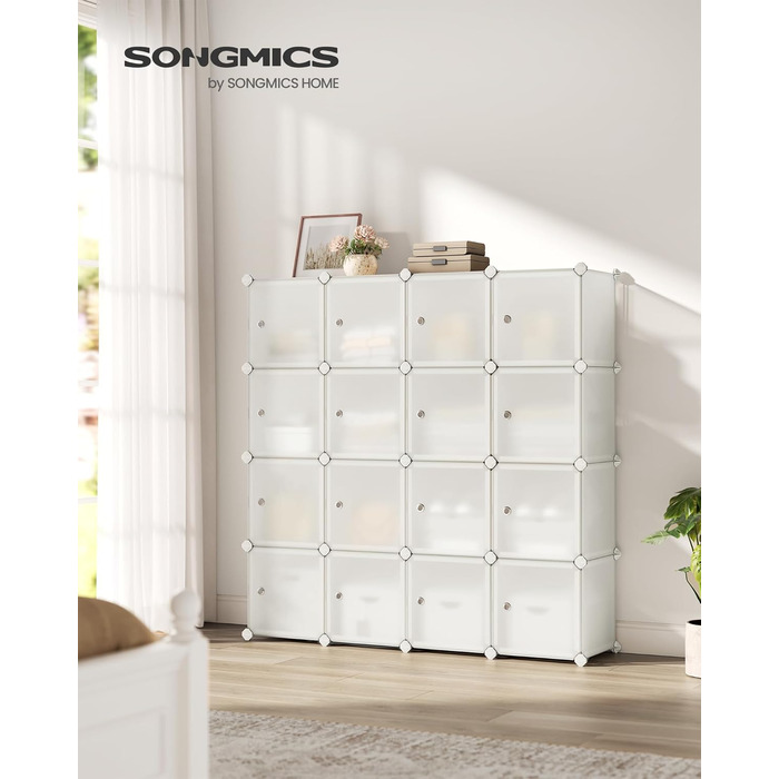 SONGMICS модульна система для зберігання, шафа з 16 кубів із дверцятами, пластиковий стелаж для одягу, взуття та книг, легка збірка, кремово-білий, 123×123 см