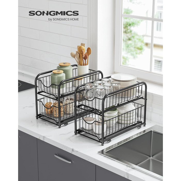 SONGMICS Органайзер для кухонної шафи, набір 2 шт., кухонна полиця, система організації, 2 рівні, штабельована, розширювана, з металевими кошиками, для кухні, класичний чорний KCS017B02