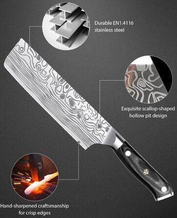 Nakiri ніж MOSFiATA для овочів та м'яса, універсальний кухонний ніж з німецької нержавіючої сталі EN1.4116, з захистом для пальців та леза, у подарунковій коробці