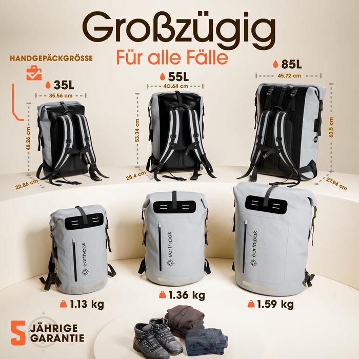 Earth Pak водонепроникний рюкзак 35L/55L з роллтопом, кишенею на блискавці та водозахисним чохлом для телефону IPX8