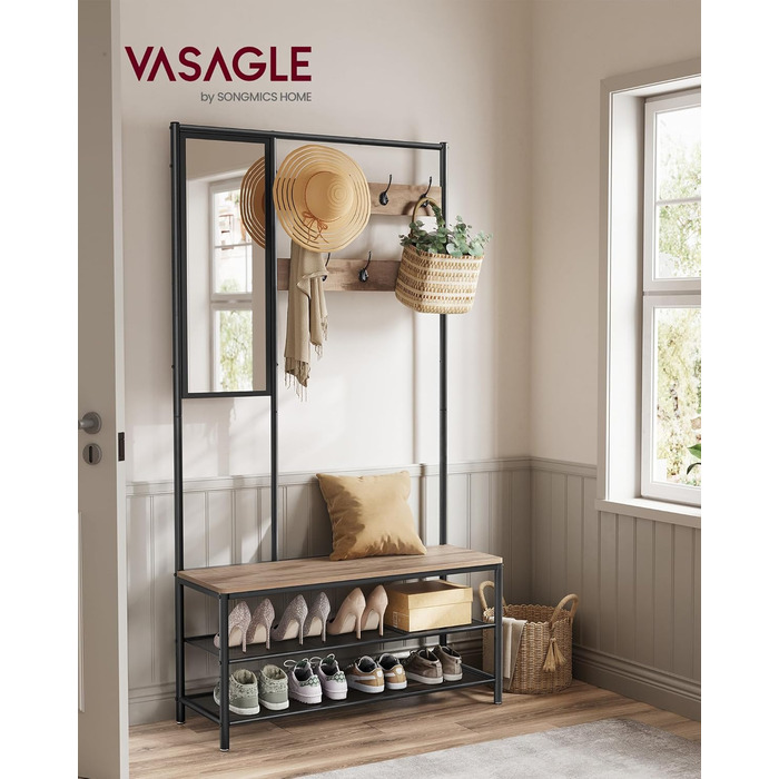 VASAGLE Вішалка для одягу з гачками, дзеркалом і лавкою, 35x98x180 см, для передпокою, спальні, вітальні, сучасна, дубово-біла, модель HSR415W09 (карамельно-коричнева + чорна)