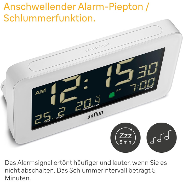 Цифровий годинник Braun BC10W з датою, місяцем і температурою, негативний LCD-дисплей, швидке налаштування та наростаючий сигнал, білий