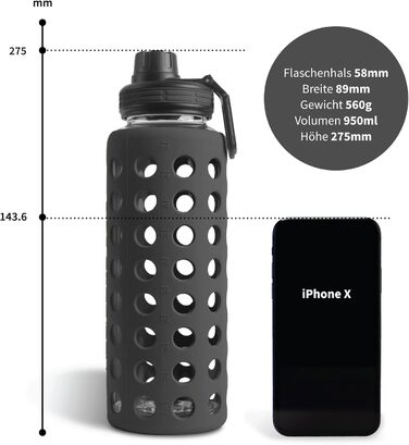Скляна пляшка для води з силіконовим чохлом Onyx Black 950 мл, герметична, BPA-free, придатна для миття в посудомийній машині, 2 змінні кришки, для офісу, спорту, фітнесу та йоги
