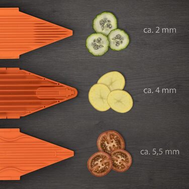 Овочерізка Börner V3 Plus з піддоном і спіральним ножем, регульована, для скибочок, соломки та кубиків, помаранчева