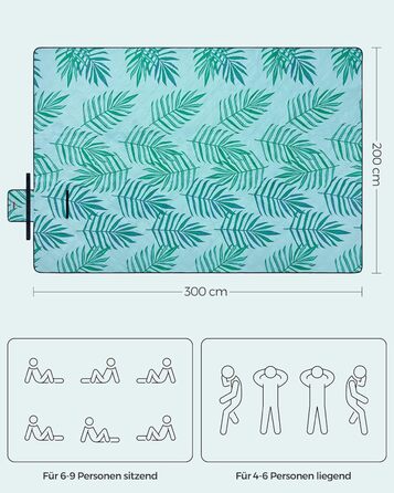 Пікнік килимок SONGMICS 200x200 см водонепроникний, складний, машинне прання, для кемпінгу, парку, саду, пляжу, візерунок папороть, сірий і блакитний