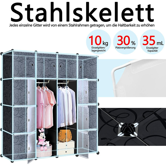 Шафа для взуття та одягу DIY, модульний органайзер 16 секцій, 111x37x147 см, чорний з дверцятами, для взуття, одягу, іграшок і книг