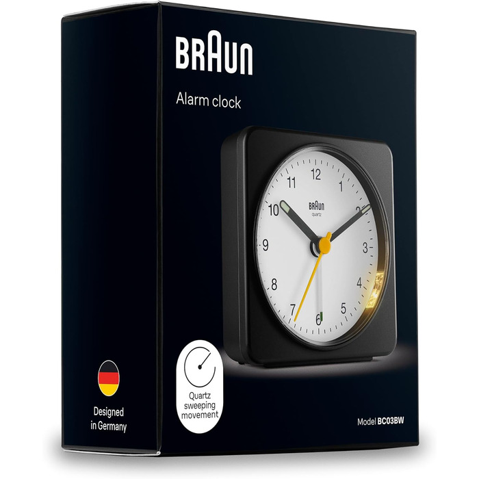 Braun класичний аналоговий будильник з підсвіткою та функцією дрімоти, безшумний кварцовий механізм, поступове збільшення гучності сигналу, чорний/білий, модель BC03BW