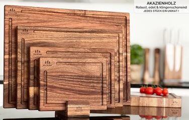 Преміум набір дерев'яних обробних дощок з акації, 4 шт (40x30, 33x24, 27x18, 21x15 см) з підставкою для кухні