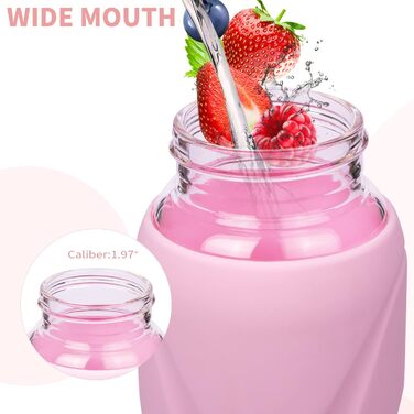 Скляна пляшка для води 1 л з трубочкою, боросилікат, BPA Free, силіконова оболонка, пастельно-рожева
