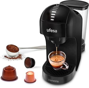 Кавоварка Ufesa Bellagio 3-в-1 для капсул Nespresso, Dolce Gusto та меленої кави, сенсорна панель, 1 л, 1400 Вт, 15 бар, чорна