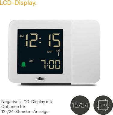 Проекційний радіо-годинник Braun BC15W-DCF з негативним LCD-дисплеєм, DCF, швидке налаштування та звуковий будильник, білий