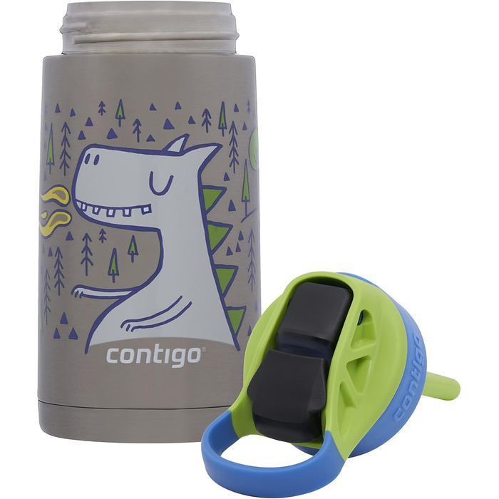 Дитяча пляшка для води Contigo Easy Clean Autospout з трубочкою, нержавіюча сталь, без BPA, 100% герметична, легке очищення, 420 мл, для школи, садка, спорту (Matcha Dragon)