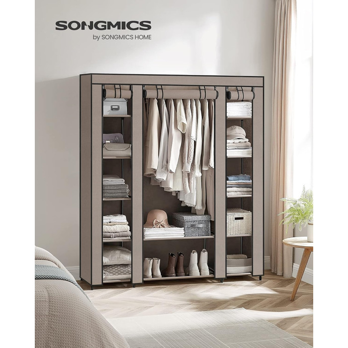 SONGMICS текстильна шафа для одягу з полицями та штангою, тканинний чохол, для спальні чи гардеробної, 150x45x175 см, бежевий